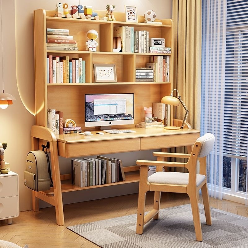 实木书桌书架可升降一体式儿童学习桌卧室简约家用中小学生写字桌