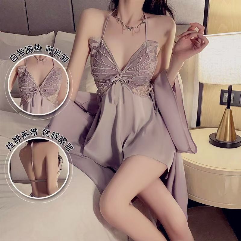 Satin Big Butterfly Tiktok Trending Style Nightdress with Chest Pad, Sexy Pure Desire Style Plus-Size Camisole Ice Silk Pajama Set for Women