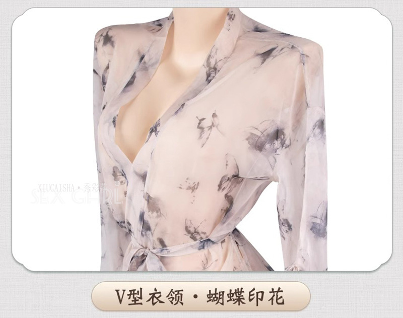 Butterfly Print Sheer Chiffon Kimono Robe Set with Belt and Thong — detail image 20