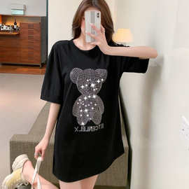银钻闪闪烫钻中长款t恤女短袖2024春夏季女装时尚洋气网红上衣潮