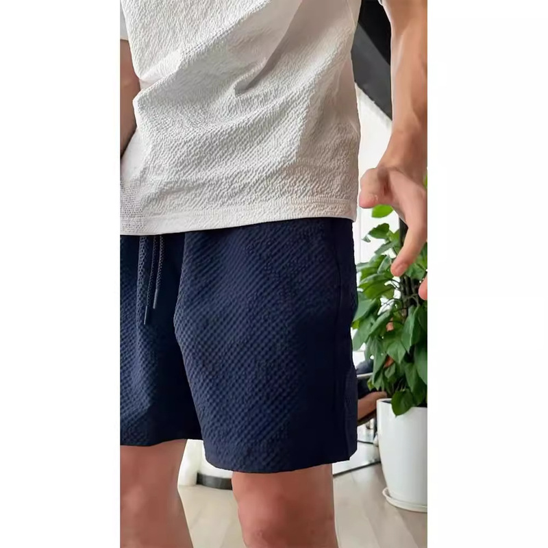 navy blue seersucker 4-point shorts men's summer thin American-style quick-drying sports pants but knee-length five-point pants