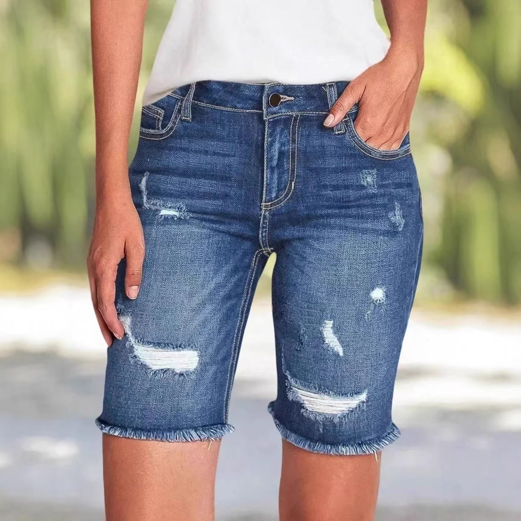 Temu Hot-Selling European and American Cross-Border Amazon New Women's Fashion Sexy Ripped Fringe Skinny Denim Shorts