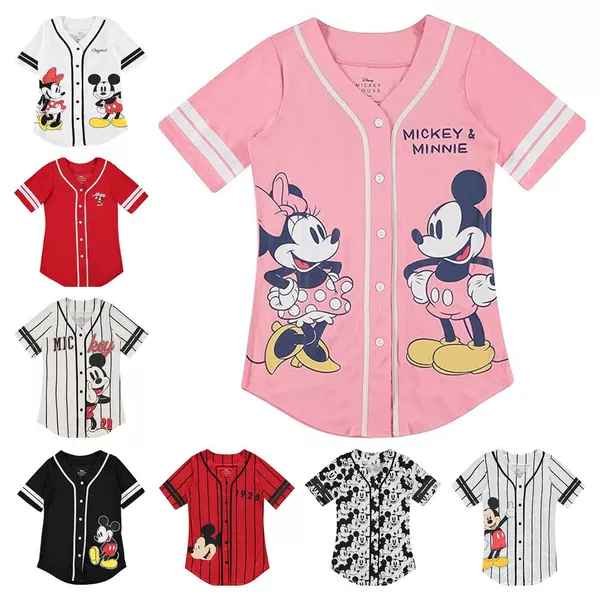 2025 New Baseball Uniform Short-Sleeved Mickey and Minnie Cute Printed Fashion Casual Button Baseball Jersey