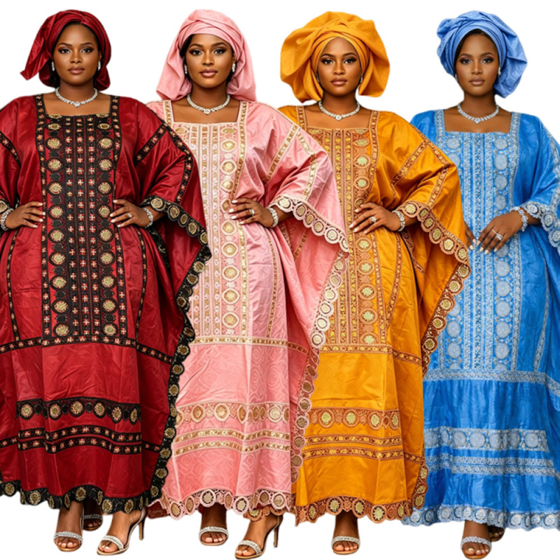 Cross-Border African Plus-Size Lace Dress with Headscarf, Amazon Aliexpress Women's Clothing, Fragrant Jacquard Robe, European and American Style