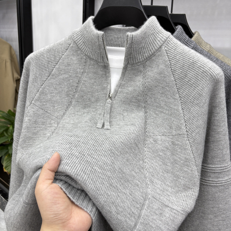 Live Broadcast Same Style Retro Jacquard Pure Color Versatile Casual Knitwear Men's Autumn and Winter Half-High Zipper Collar Men's Knitwear