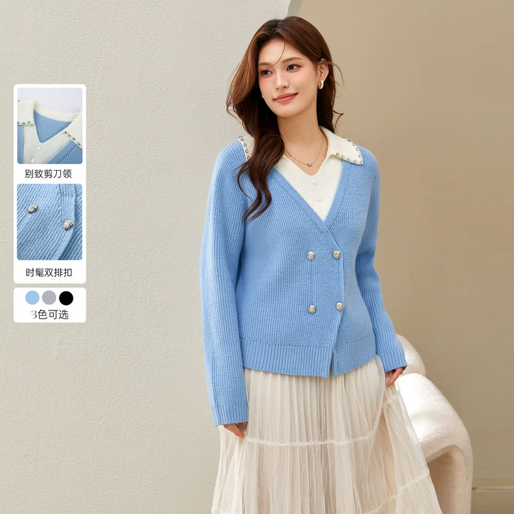 [Конструктажный цвет поддельные два трикотажа с V-образным вырезом] Цветное шоу большой размер женский толстый mm2024 зимний новый