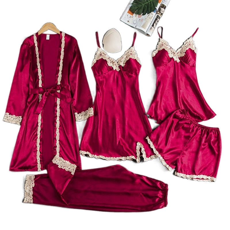 Топ с чашками, осенняя пижама, комплект, сексуальная slip dress, юбка, длинный рукав, халат