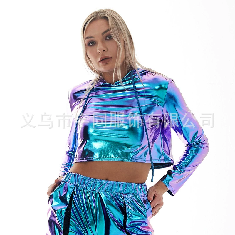 Внешняя торговля яркая кожа Сексуальная утечка пуповинной с длинным рукавом пуловер Свободный короткий с капюшоном плюс размер свитер завод прямых продаж