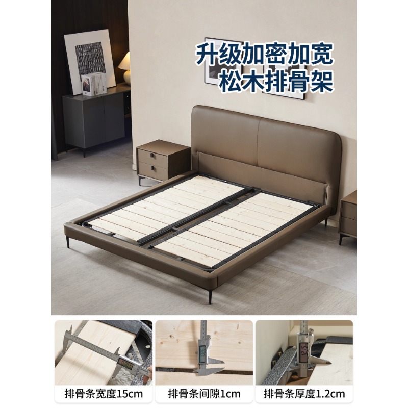 Cama de casada minimalista italiana personalizada bloques de tofu cuero genuino 1.8 bolsas de plumón suaves de borde cama doble moderna y simple