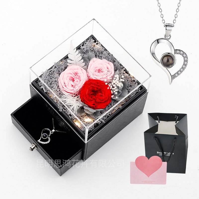 Caja de regalo de joyería con luz, rosa de flor real eterna, para el Día de San Valentín y el Día de la Madre, venta al por mayor transfronteriza de Amazon.
