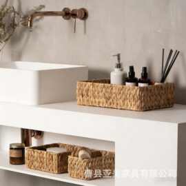 跨境水葫芦草编收纳篮多规可定化妆品储物筐卧室衣物整理篮草编筐