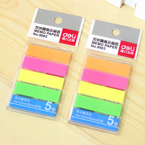 Deli 9063 fluorescent film indicator label classification stickers 5 colors colorful fluorescent classification label paper
