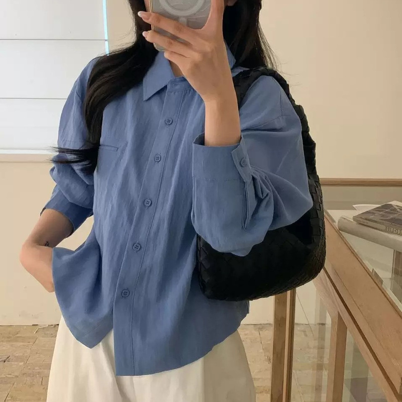 Spring and Summer Dopamine Solid Color Lapel Shirt for Women, Lazy Style Outerwear with Drape Effect, Structured Shoulder Jacket Top
