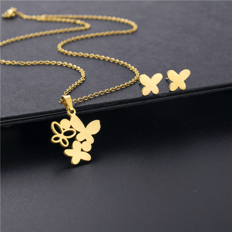 simple fashion hollow butterfly  stainless steel necklace earrings set