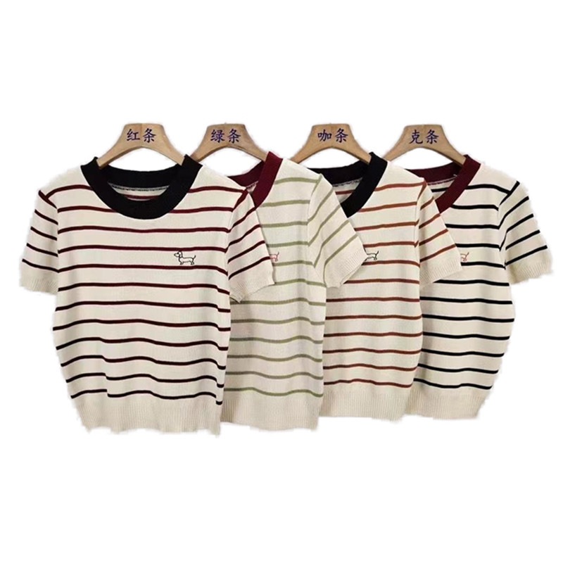 Design Sense Striped Short-sleeved T-shirt Women's 2025 Summer Fashionable Western Style Slimming All-match Knitted Chic Pullover Top