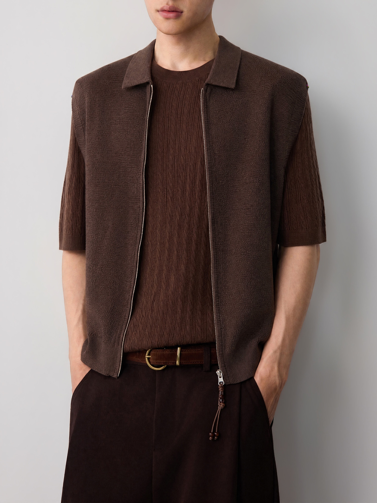 Áo gile len nam pha linen dáng cardigan khóa kéo phong cách công sở — đen