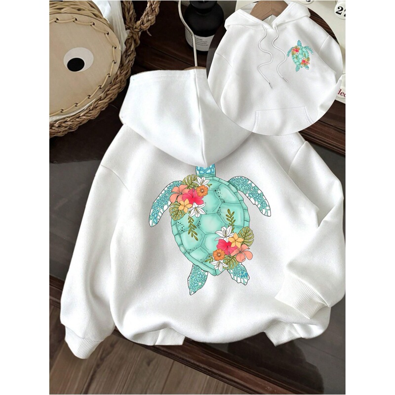 【European Size】Colorful Turtle Design White Hoodie with Vibrant Floral Patterns on the Back -