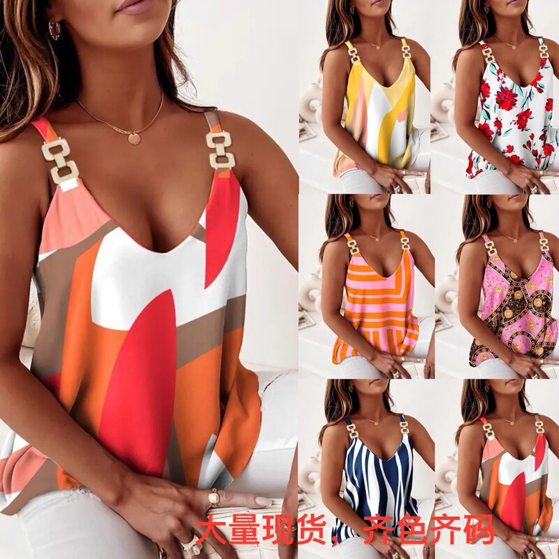 2025 Independent Station Wish Amazon Hot Style Summer Sleeveless Chain Suspender Printed Women's Vest Top for Women