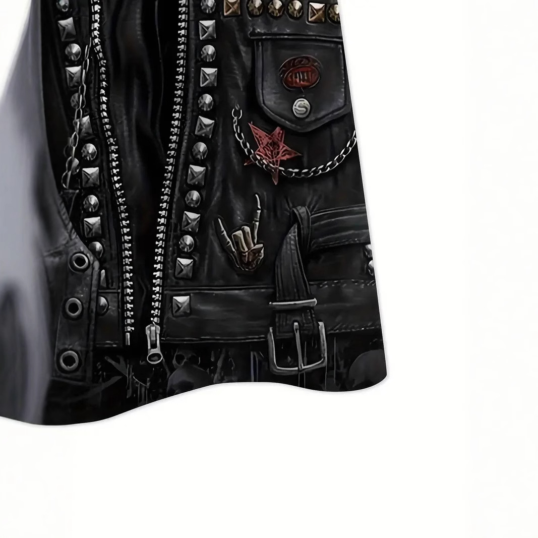 Personalidad divertida chaqueta de mezclilla de metal estampado 3D camiseta de cuello redondo de manga corta suelta y transpirable de la calle de verano de los hombres