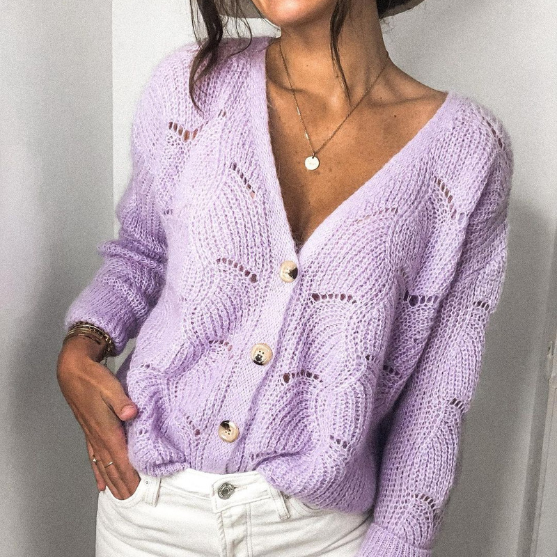 Spring Single-Breasted Cardigan with Thick Floral Solid Color Inner Knitted Temperament Commuter Purple Mid-Length European and American Sweater Wholesale