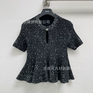 早秋小香风套装鱼尾半裙两件短袖上衣闪片荷叶下摆半裙套装名媛风