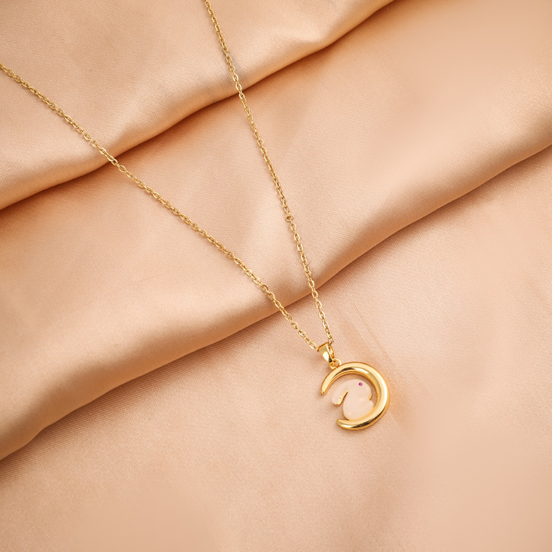 Fashion Rabbit Titanium Steel Inlay Hetian Jade Pendant Necklace Colorza_colorza_4