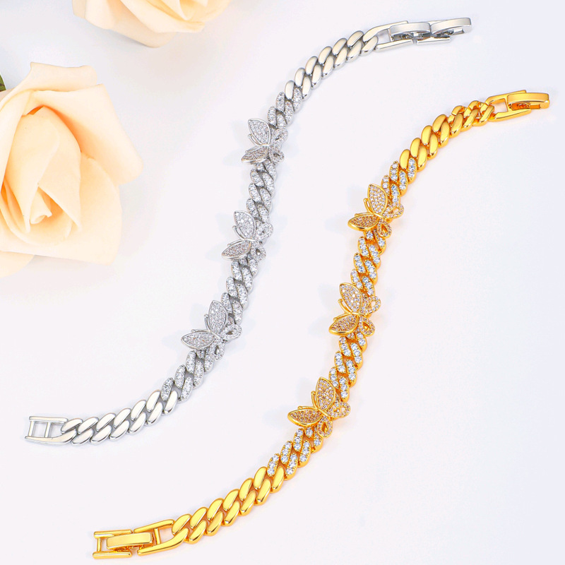 Cross-Border European and American Style Cuban Chain Zircon Butterfly Bracelet, Full Diamond Short Cuban Chain, Unisex Hip-Hop Bracelet