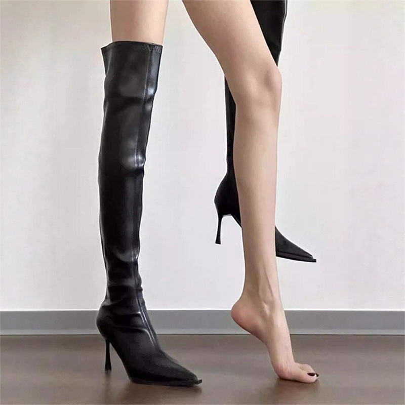 Over-The-Knee Shoes, Long Elastic Slim Boots, Zippered High Leather Boots for Women, 2025 New Style, Pointed Toe, High Heel, Stiletto Long Boots