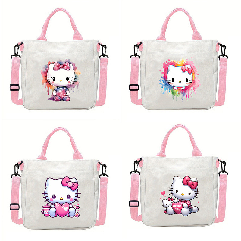 New Pink Crossbody Bag KT Cartoon Canvas Bag Student Shoulder Bag Detachable Shoulder Strap Tote Bag