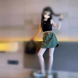 童装批发女童套装夏季25新款儿童薄款背心加绿色短裙加腰带三件套