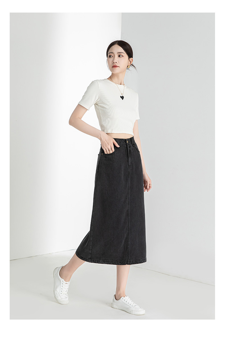 Chân váy bút chì denim Tencel cỡ lớn nữ xẻ tà dài vừa phải — Màu đen chi tiết 24