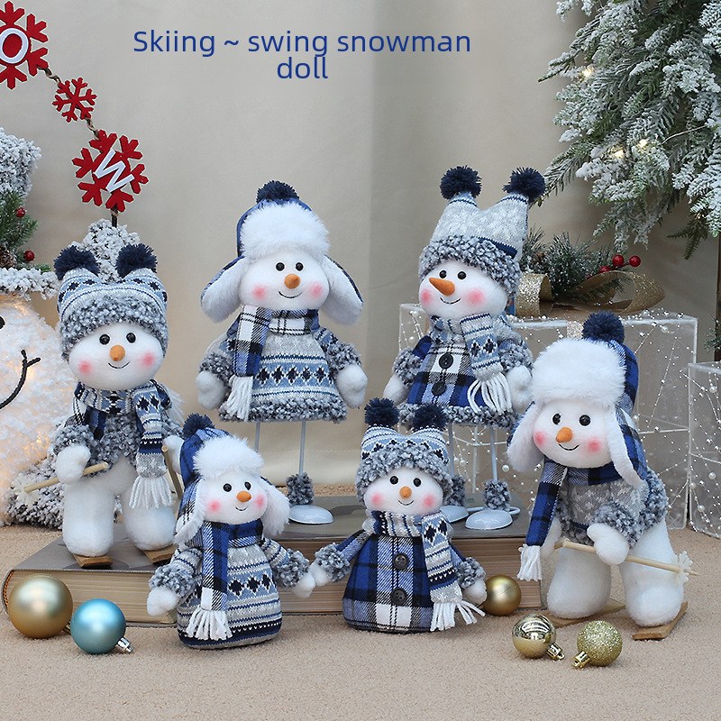 Cross-border Christmas New Blue Fabric Doll Cute Ski Swing Snowman Decorative Ornaments Holiday Gifts_voghion.com