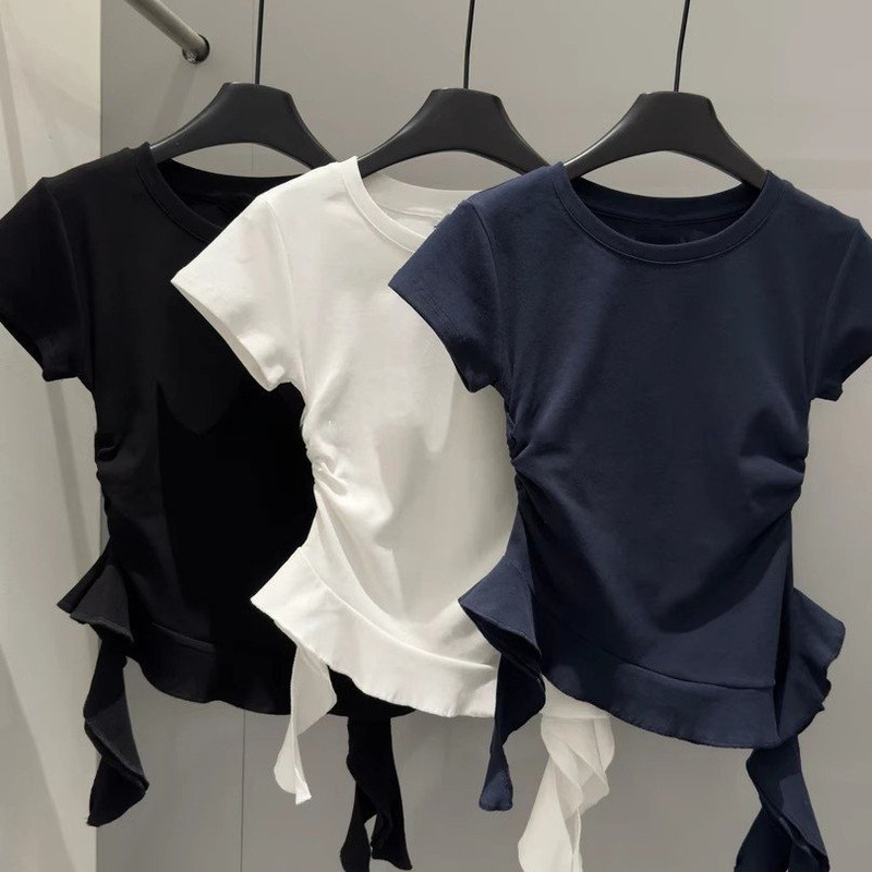 Korean Style Sexy Round Neck Right Shoulder Short-Sleeved T-Shirt for Women in Summer Slim Fit Design Asymmetrical Ruffle Top Korean Style Sexy Round Neck Right Shoulder Short-Sleeved T-Shirt for Women in Summer Slim Fit Design Asymmetrical Ruffle Top