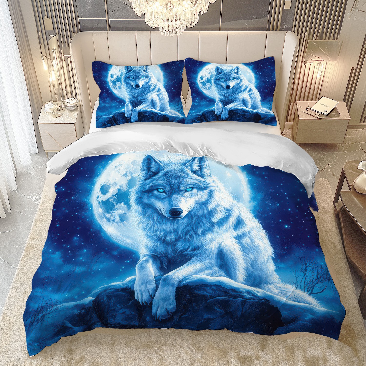 TEMU / JIT transfronterizo impresión digital abrasión edredón kit tridimensional animal lobo blanco estilo textil para el hogar dibujo puede hacer