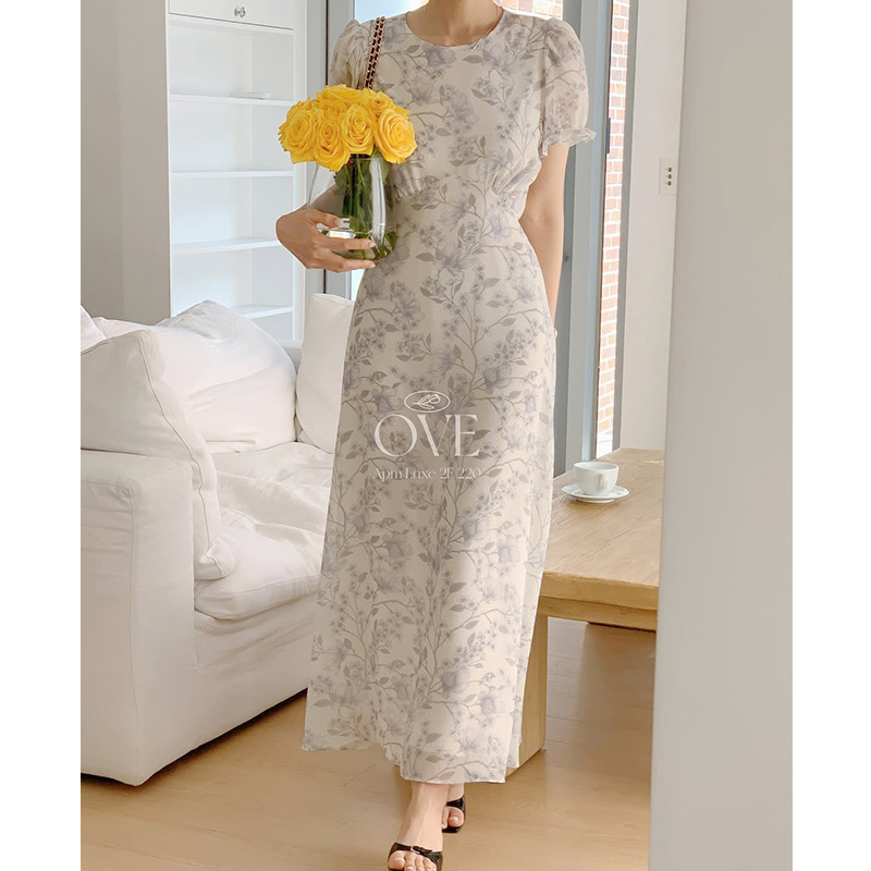 2026 Dongdaemun O*Ve French-Style Elegant Floral Round-Neck Dress Sweet Puff-Sleeve Short-Sleeve Long Dress