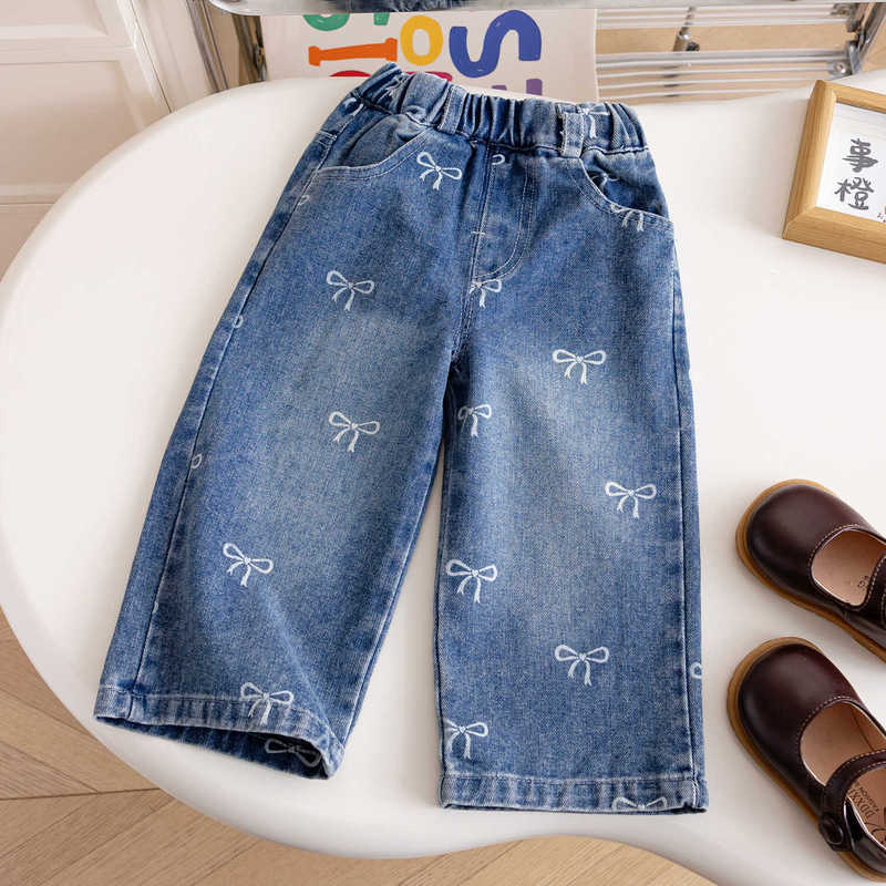 Girls' Denim Pants with Bow Print, Straight-Leg Denim Pants, Wide-Leg Pants for Girls, Children's Pants Girls' Denim Pants with Bow Print, Straight-Leg Denim Pants, Wide-Leg Pants for Girls, Children's Pants