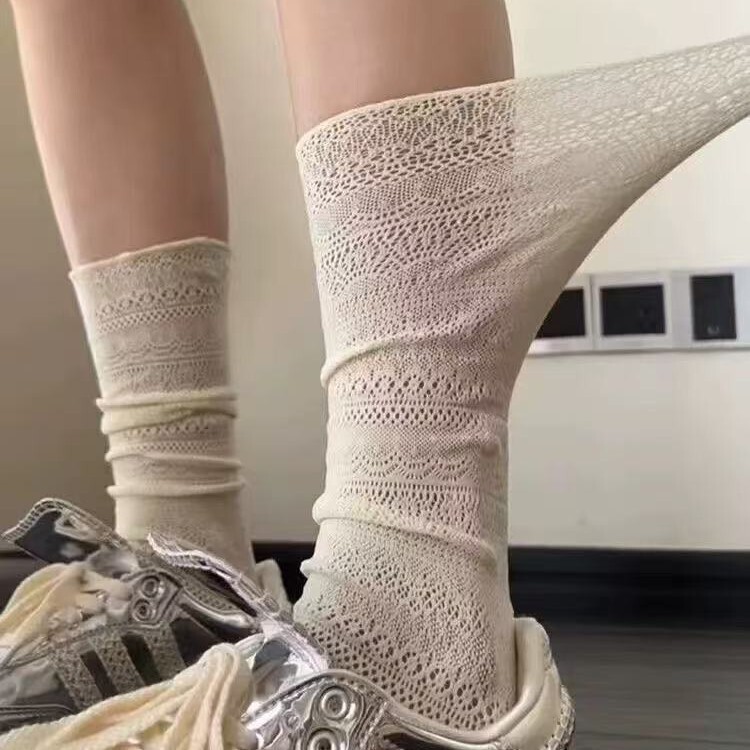Lace Hollow Stacking Socks Women's Summer White Mid-Length Socks Miu Ballet Style with Single Shoes Birkenstocks Socks