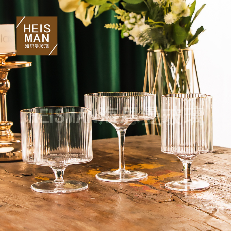 European style frosted glass cup vertical ribbed wine glass striped tall ice cream cup household cold water kettle ins stackable water cup 