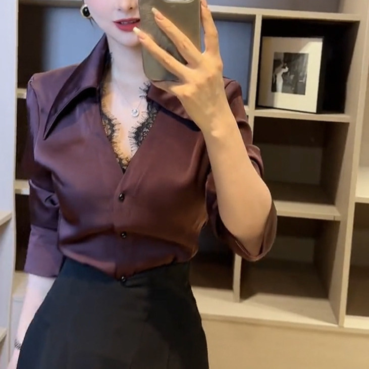 High-End Lace Patchwork Lapel Long-Sleeve Shirt, 2026 Early Spring New Style, Mature Style Satin Pure Desire Top