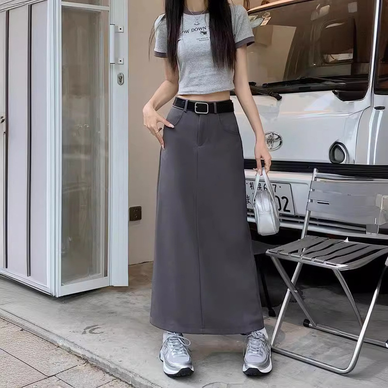 plus size chubby girl Skirt Women's Spring and Summer 2024 High Waist Slimming Retro Split Design Sense A- line Skirt Mid-length Skirt