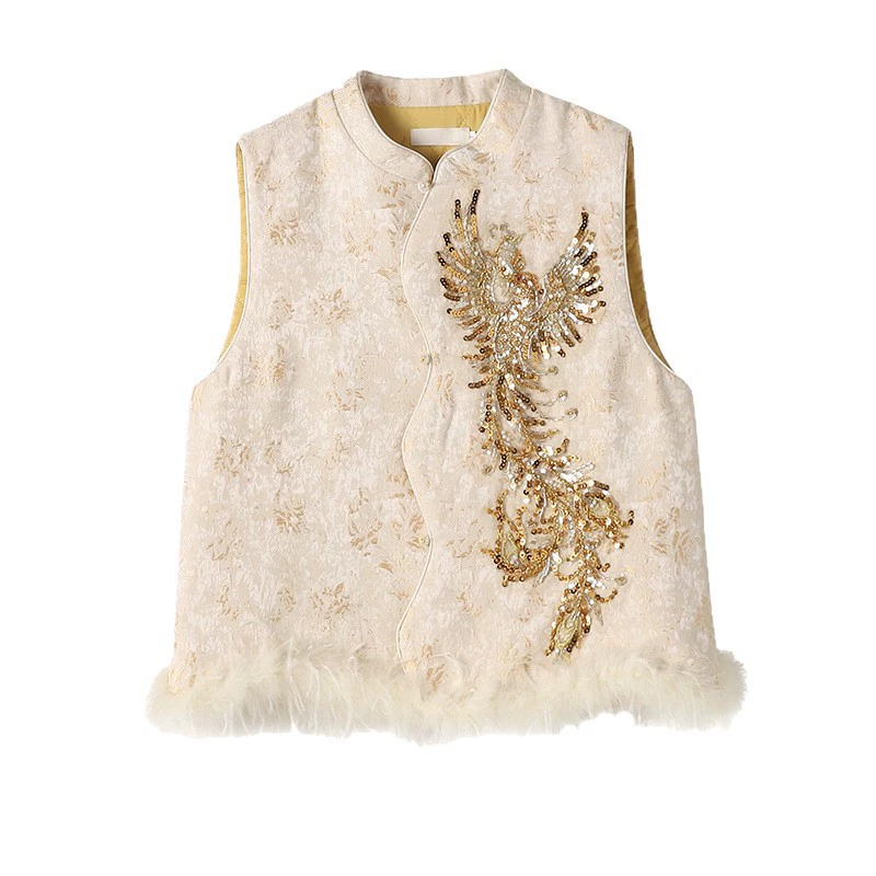 Three dimensional nail sequins, quilted vest, Chinese style, round collar, increased thickness