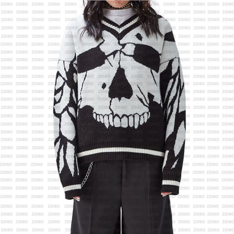 Men's Clothing casual lazy style pullover sweater for men and women funny skull jacquard knitted sweater_voghion.com