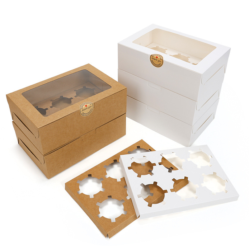 跨境外贸开窗6粒杯子蛋糕打包盒白卡纸蛋挞饼干盒折叠纸杯蛋糕盒