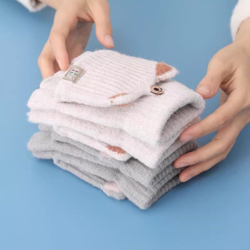 露指カバー手袋女性冬保温学生児童かわいいinsニット毛糸半指タッチできる冬|undefined