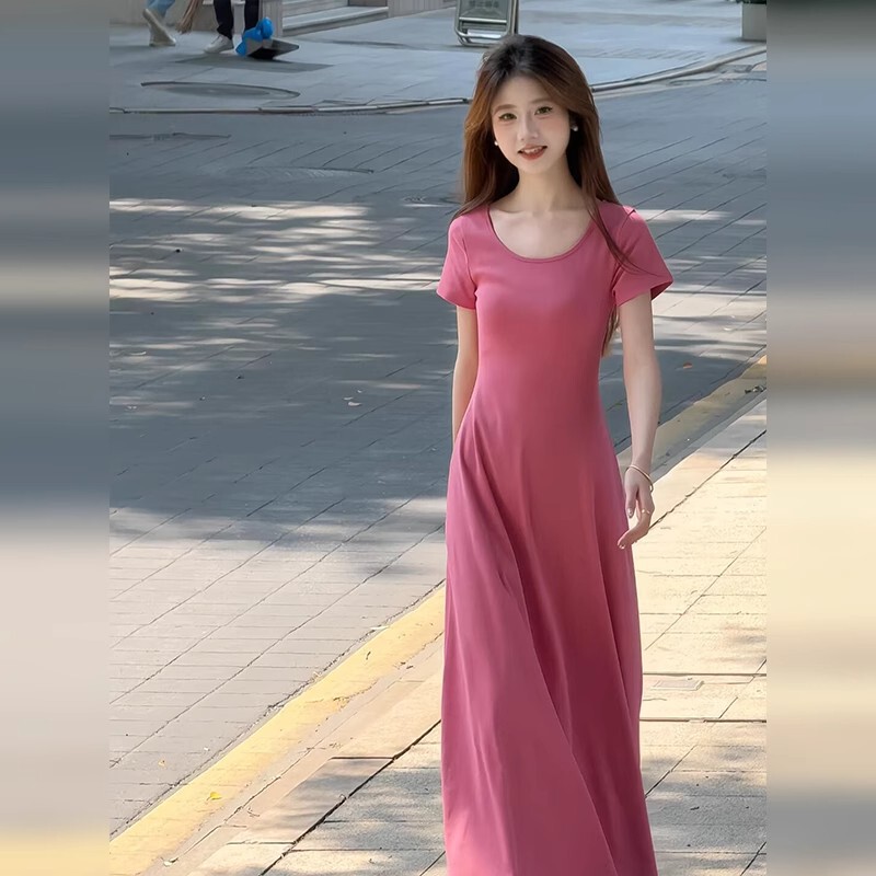 Solid Color Slim-Fit Short-Sleeve T-Shirt Dress for Women, Summer 2025 New Style, Petite, Elegant, Waist-Cinching, Slimming Long Dress Solid Color Slim-Fit Short-Sleeve T-Shirt Dress for Women, Summer 2025 New Style, Petite, Elegant, Waist-Cinching, Slimming Long Dress