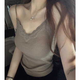 Brushed Pure Lace Edge Small Suspender Women's Inner Wear V-Neck Sleeveless Bottoming Top Vest with Breast Pad Lace