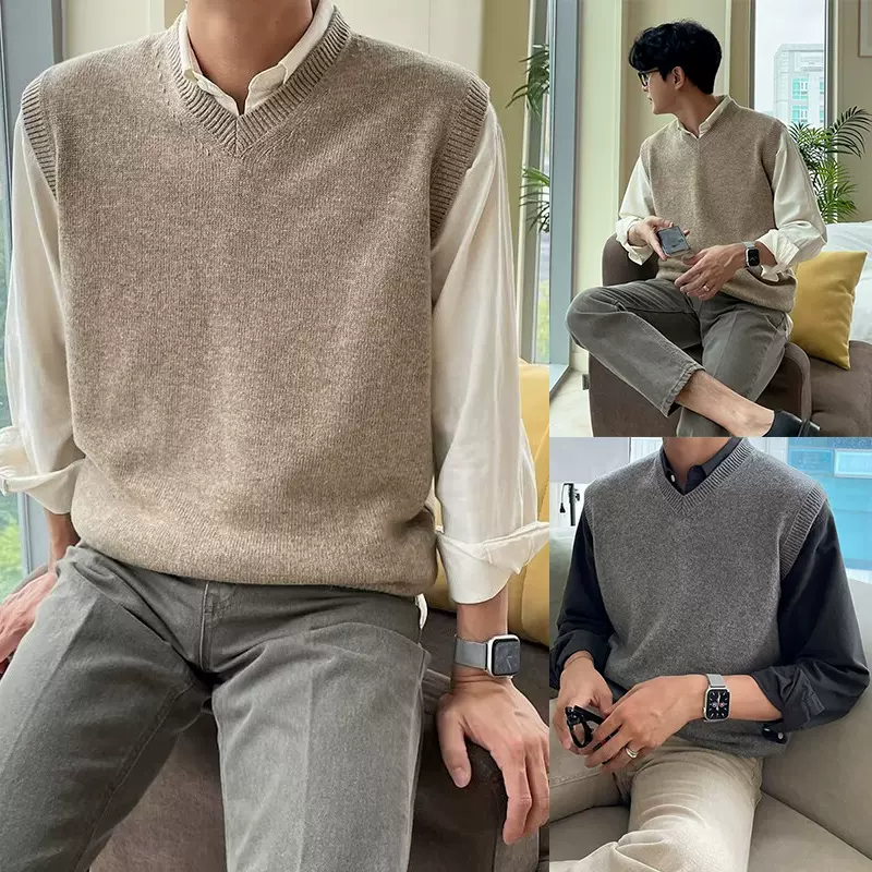 无袖坎肩纯色针织衫毛衣男马甲背心V领叠穿打底衫潮外贸跨境批发