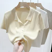 Тонкий трикотажный свитер с воротником Polo женский летний темперамент тонкий с короткими рукавами