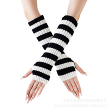 新款长条纹毛线手套秋冬季新款中长款露指女保暖时尚针织臂套袖子