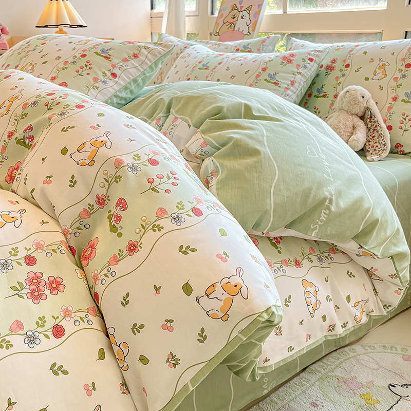 Cama de algodón cuatro piezas de sábanas de algodón cubierta dormitorio único pequeño fresco tres piezas de Nantong ropa de cama al por mayor